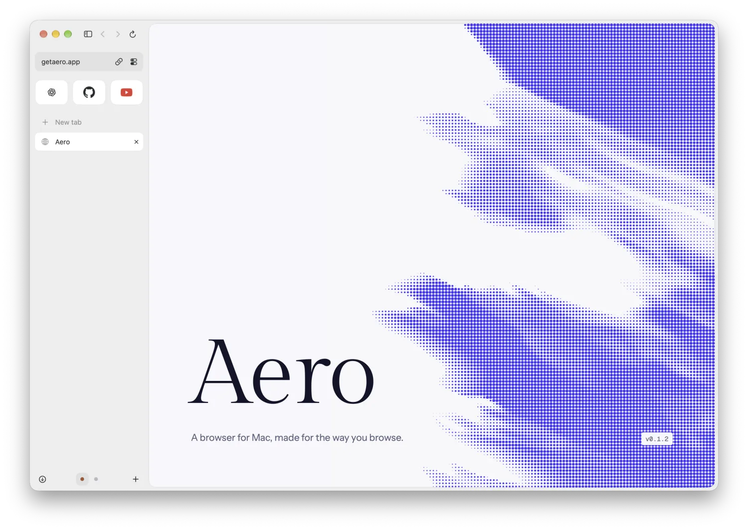 Aero displaying getaero.app, with pinned sites, an active tab and profile controls in the sidebar.